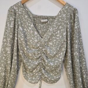 Abercrombie & Fitch Women Green Floral Blouse XXS Ruched Smocked Back Boho